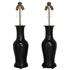 Pair of Chinese Black Noir Porcelain Vase Table Lamps