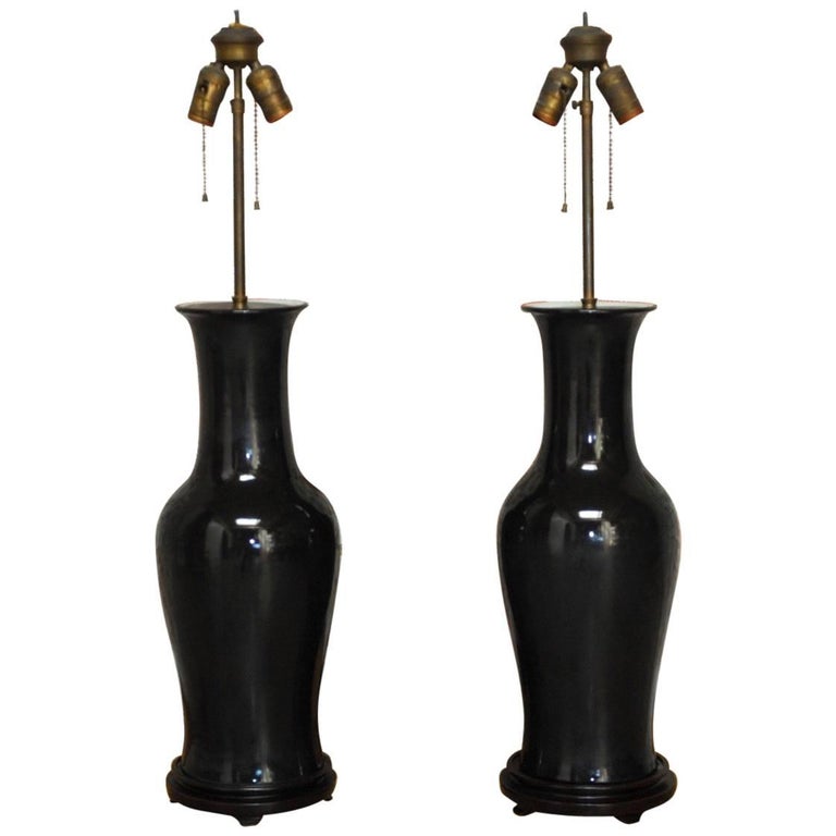 Pair of Chinese Black Noir Porcelain Vase Table Lamps at 1stdibs