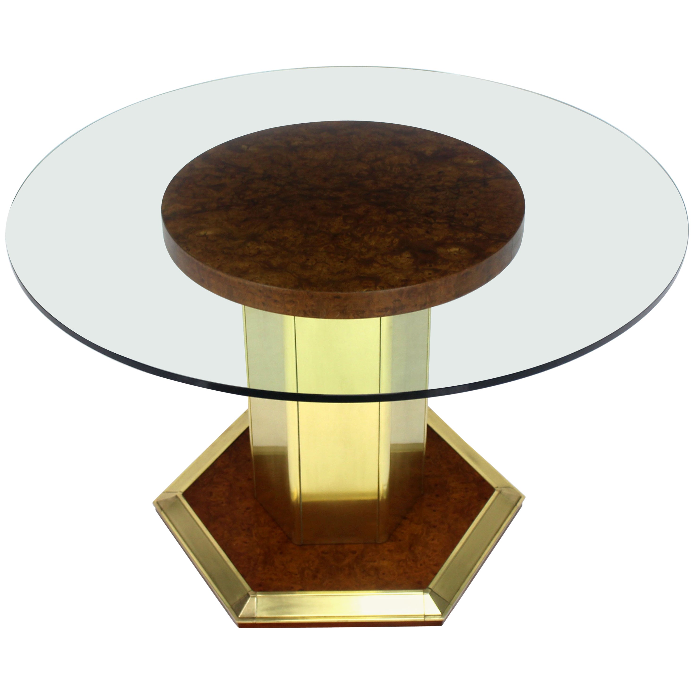 Large Burl And Chrome Round Dining Table With Glass Top Milo Baughman