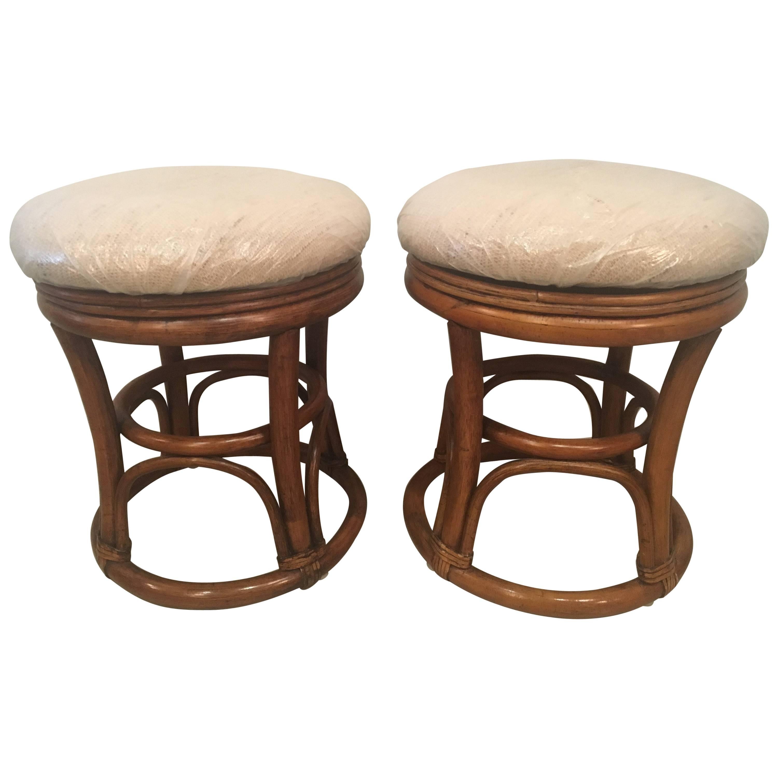 Pair of Vintage Rattan Stools Benches Tropical Palm Beach