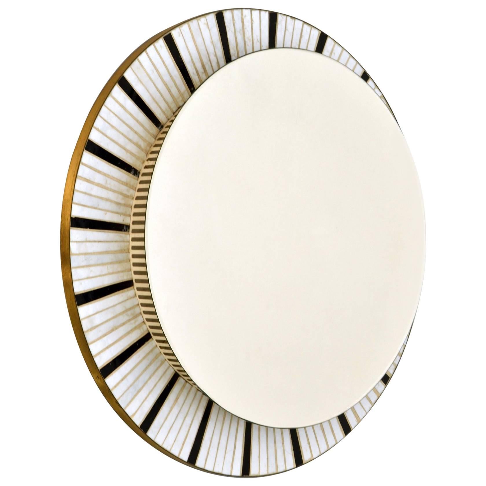 1960s Illuminated Round Mirror Edged with Black and White Mosaic