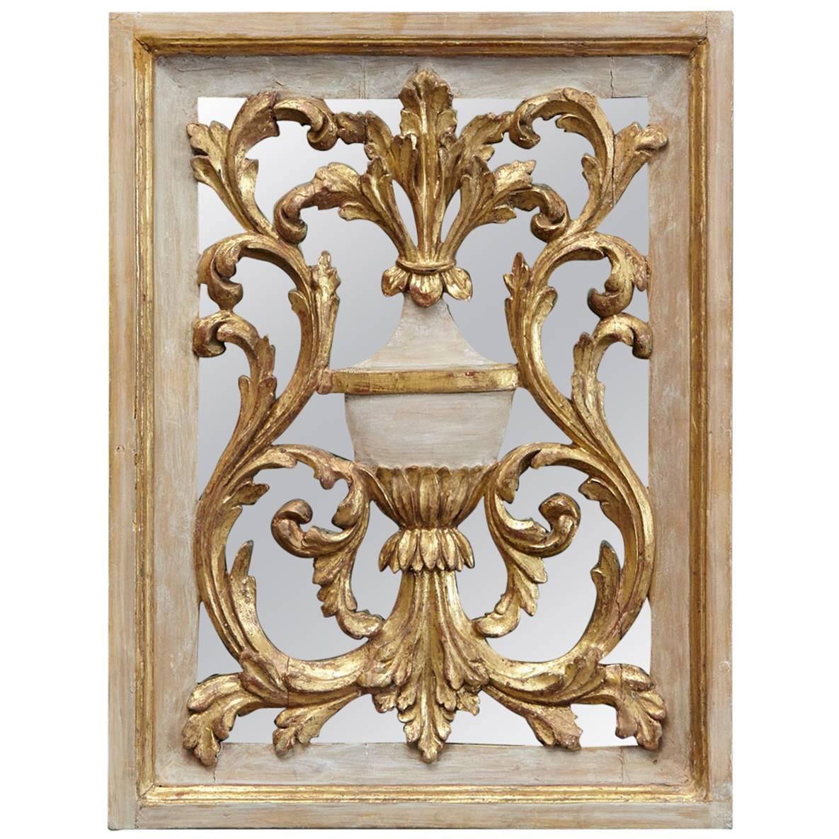 19th Century Venetian Style Painted and Gilded Carved Wood Mirror Back Panel For Sale