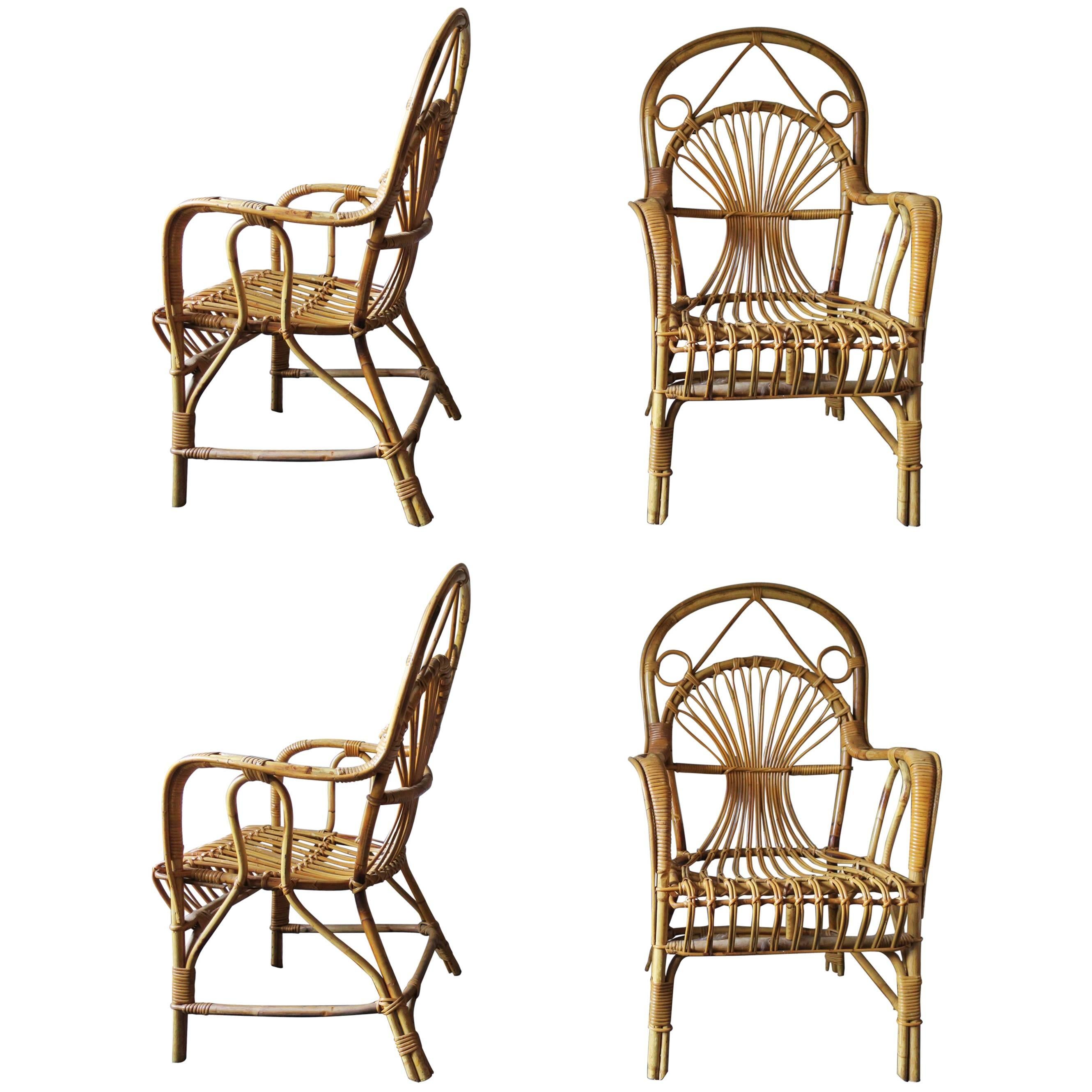 Four Mid-Century Bamboo Patio Armchairs For Sale
