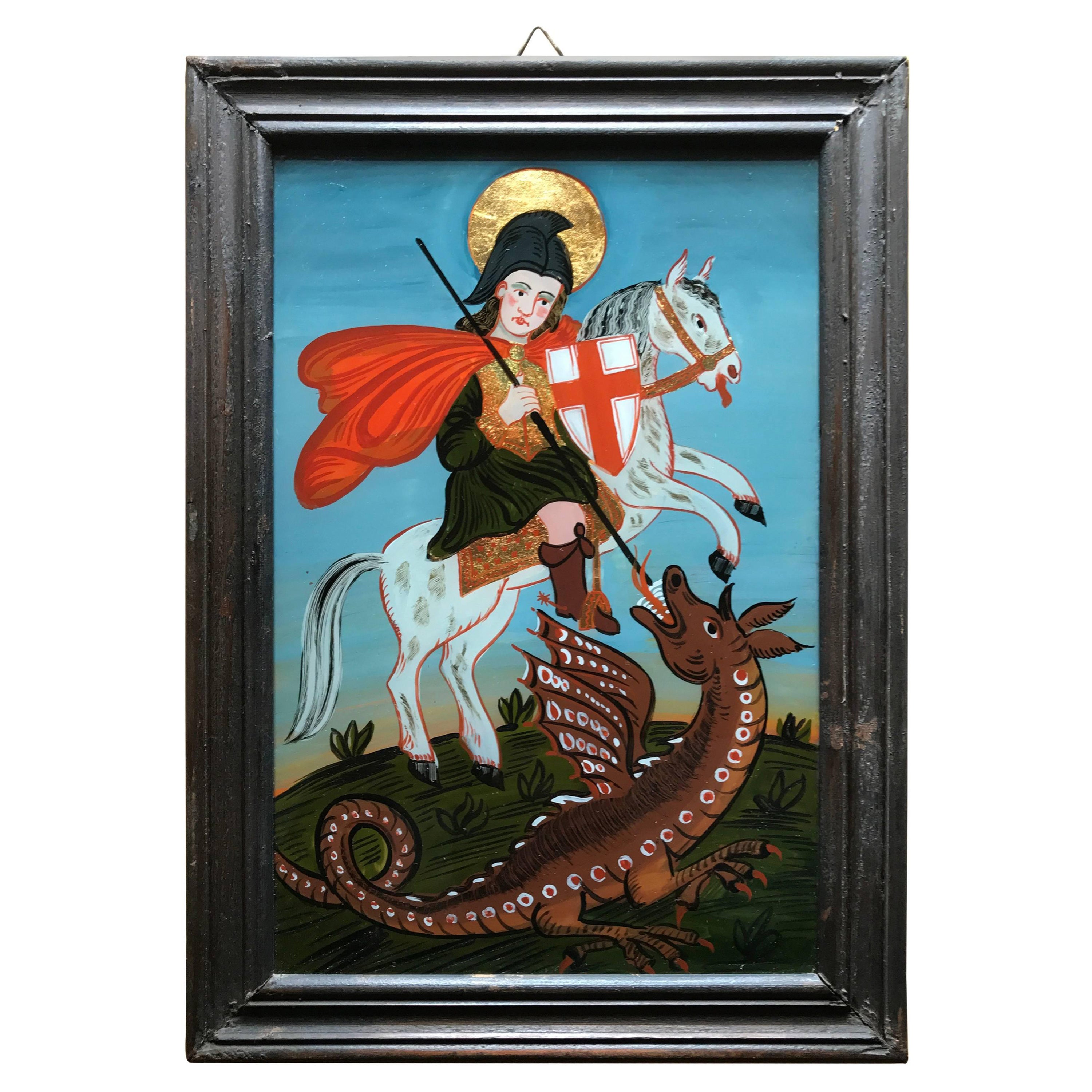 Reverse Glass Painting of Saint George and the Dragon For Sale