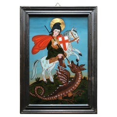 Antique Reverse Glass Painting of Saint George and the Dragon