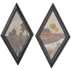 Two Flemish Landscape Paintings in an Unusual Diamond Shape