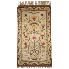 Swedish Traditional Handwoven Wool Rya with Flowers and Birds, 1950s