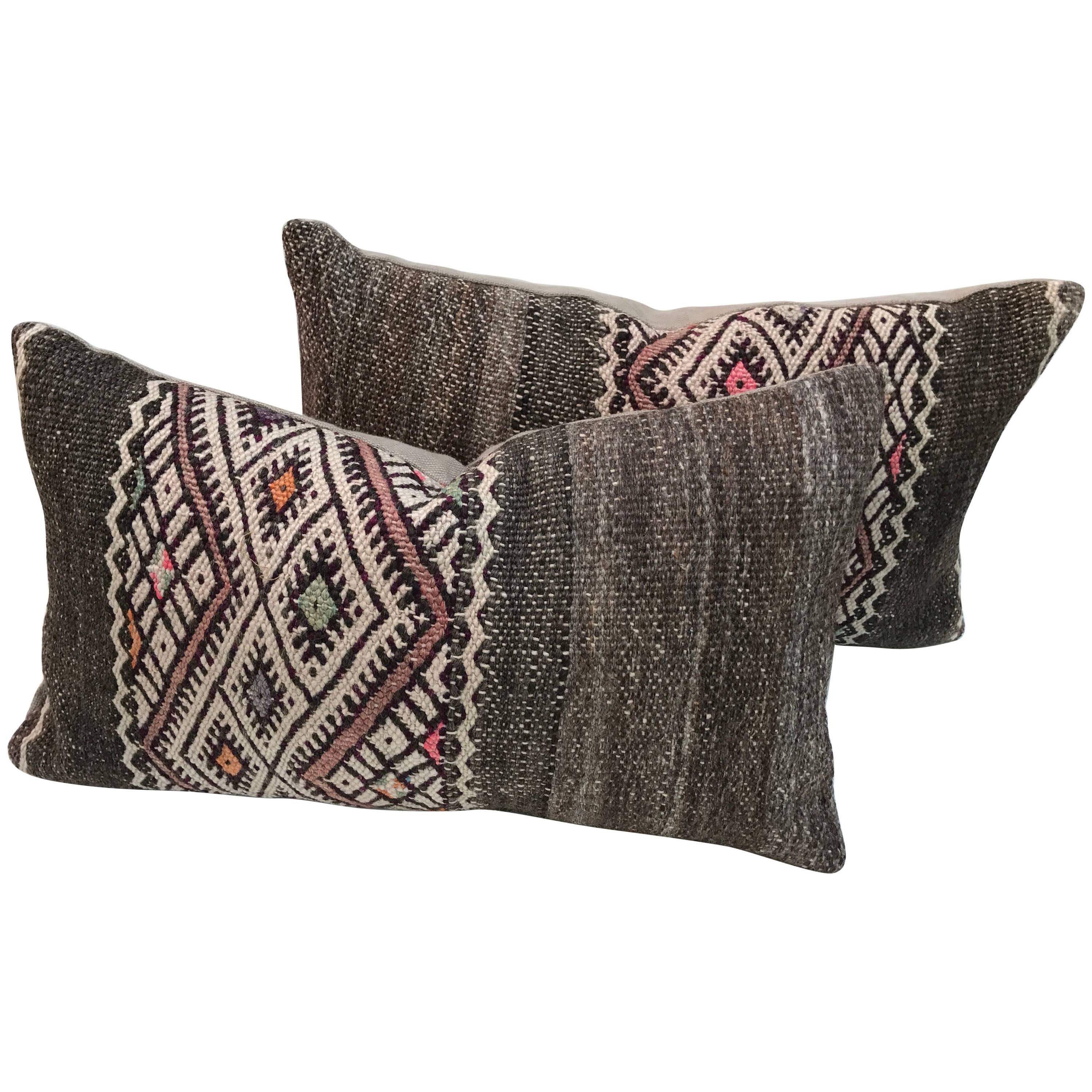Pair of Moroccan Hand-Loomed Wool Pillows For Sale