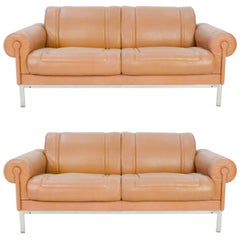 Pair of Maison Jansen Loveseats in Distressed Buffalo Leather