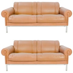 Pair of Maison Jansen Loveseats in Distressed Buffalo Leather