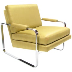 Flat Bar Chromed Steel and Silk Lounge Chair in the manner of Milo Baughman 7