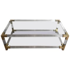 French Mid Century Modern Brass and Lucite Coffee Table