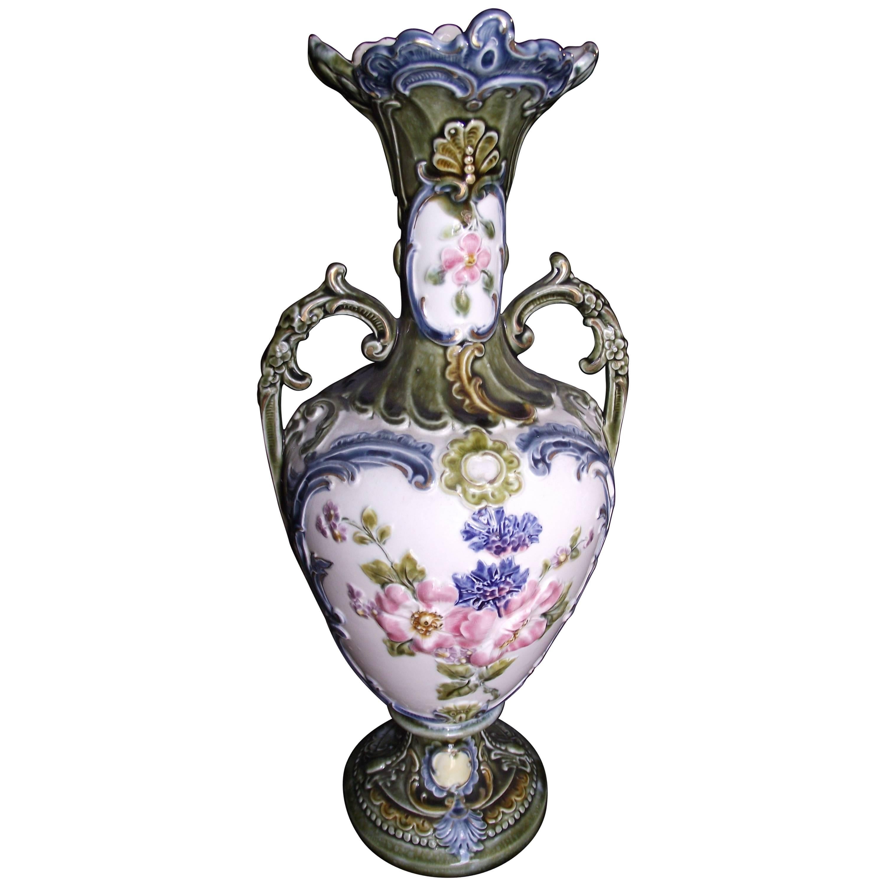 Majolica Double Handled, Hand-Painted Vase For Sale