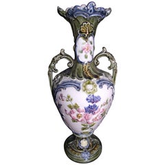 Majolica Double Handled, Hand-Painted Vase