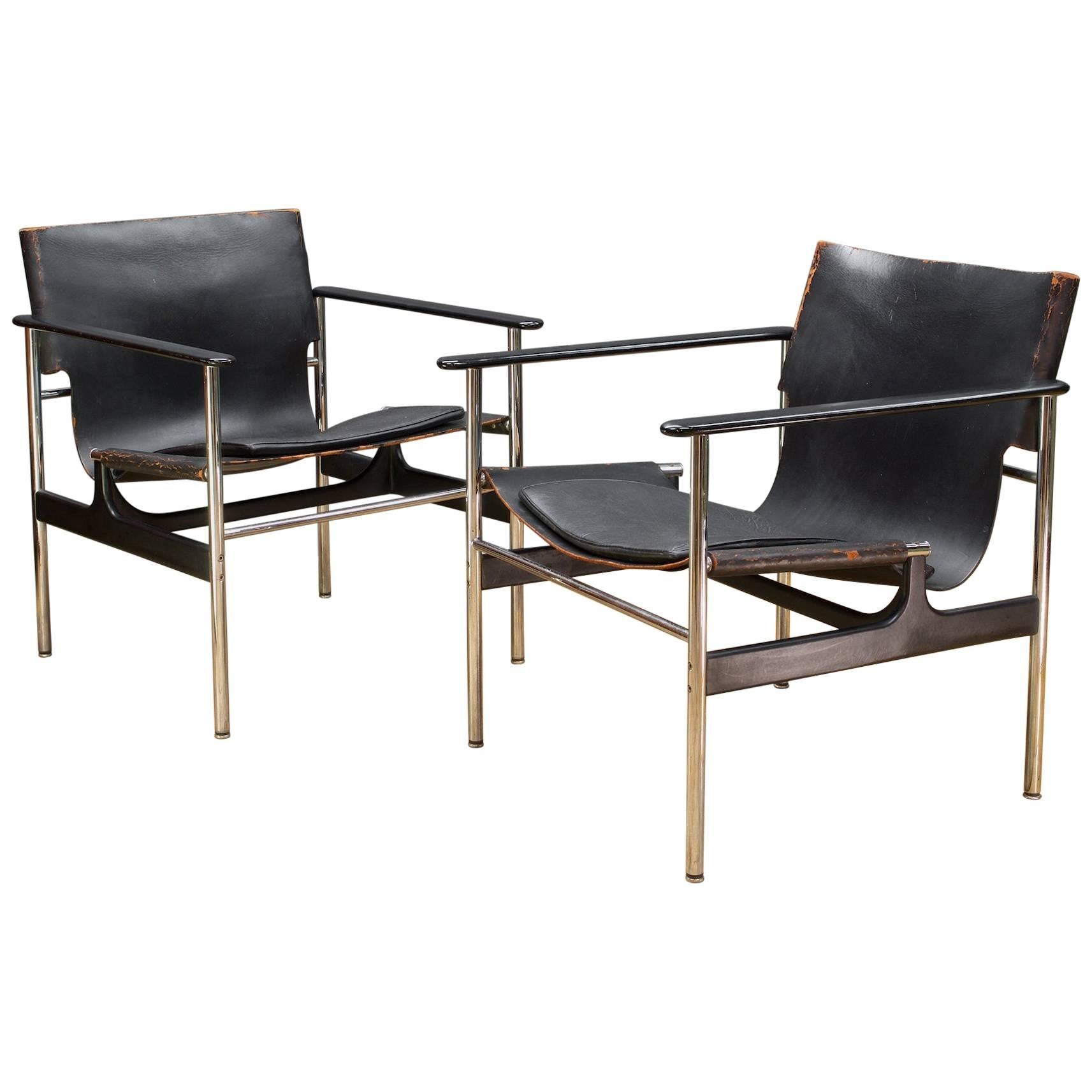 Pair of Black Leather Chrome Sling Chairs by Charles Pollack Knoll Associates