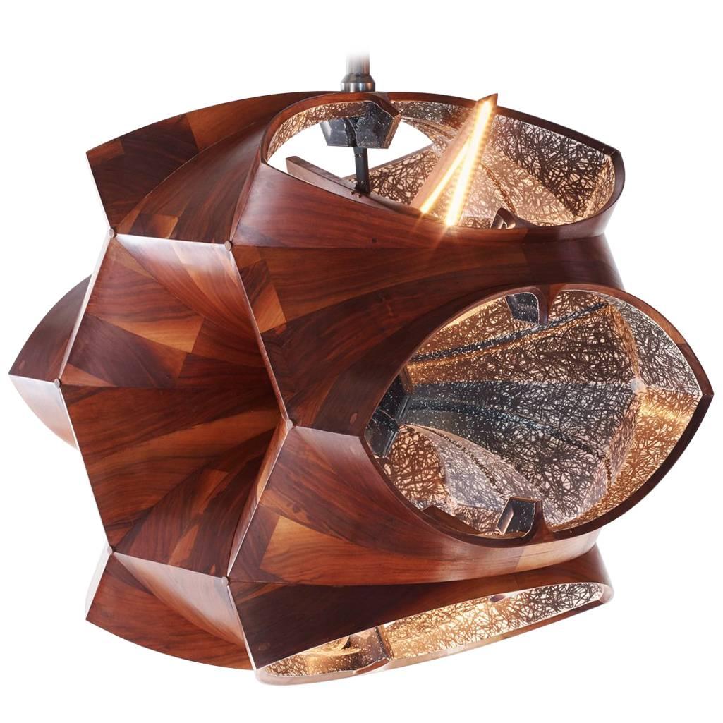 Walnut Geometric Wood Chandelier with Cathedral Arches by Eddy Sykes For Sale