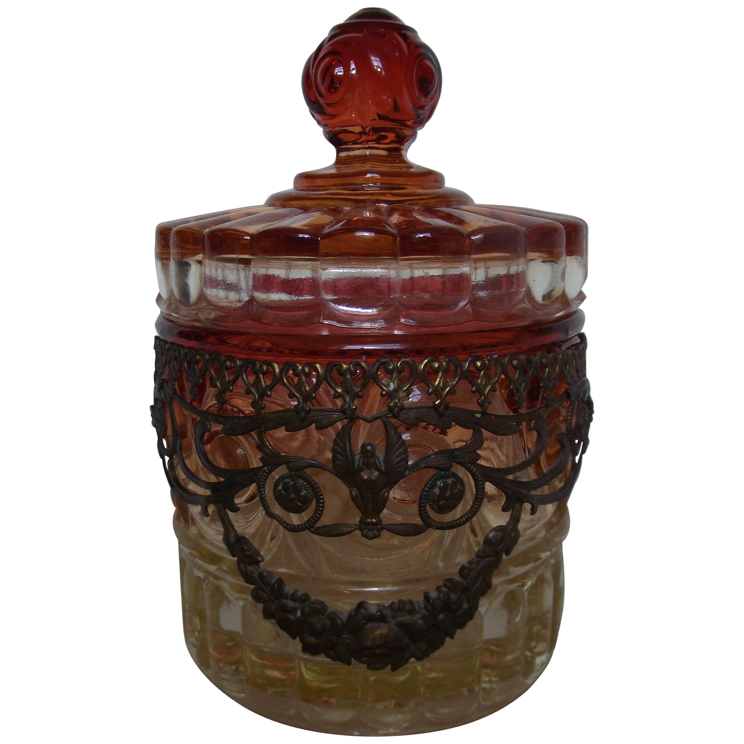 Baccarat Glass Jar with Lid, Rose and Amber Tint with Brass Trim For Sale