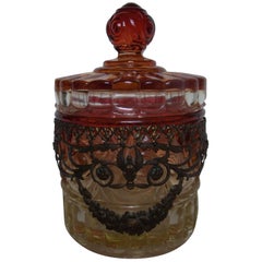 Vintage Baccarat Glass Jar with Lid, Rose and Amber Tint with Brass Trim