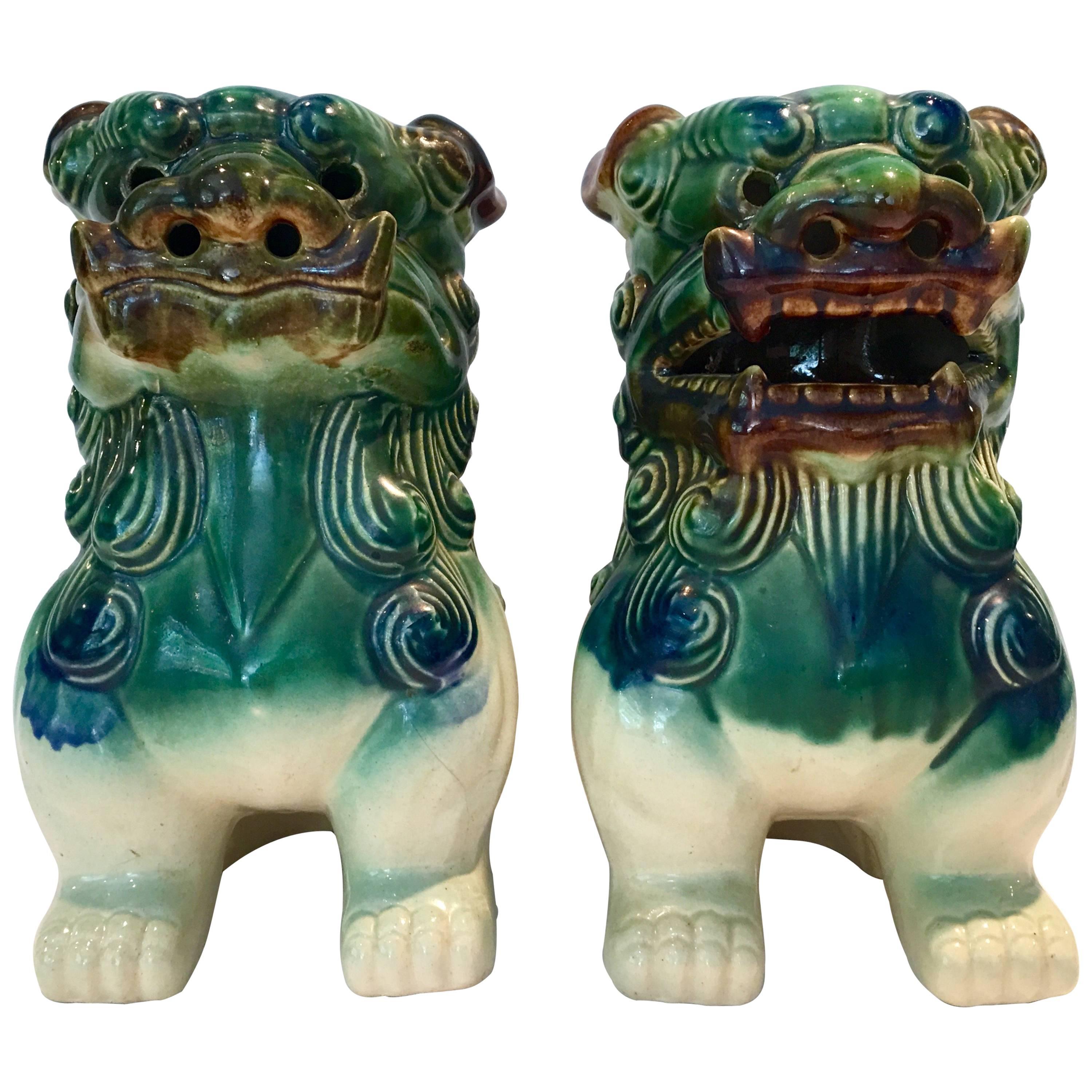 Vintage Pair of Chinese Ceramic Glaze Polychrome Foo Dogs