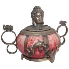 Oriental Incense Burner, Carved Hard Stone with Brass Buddha and Dragon Decor