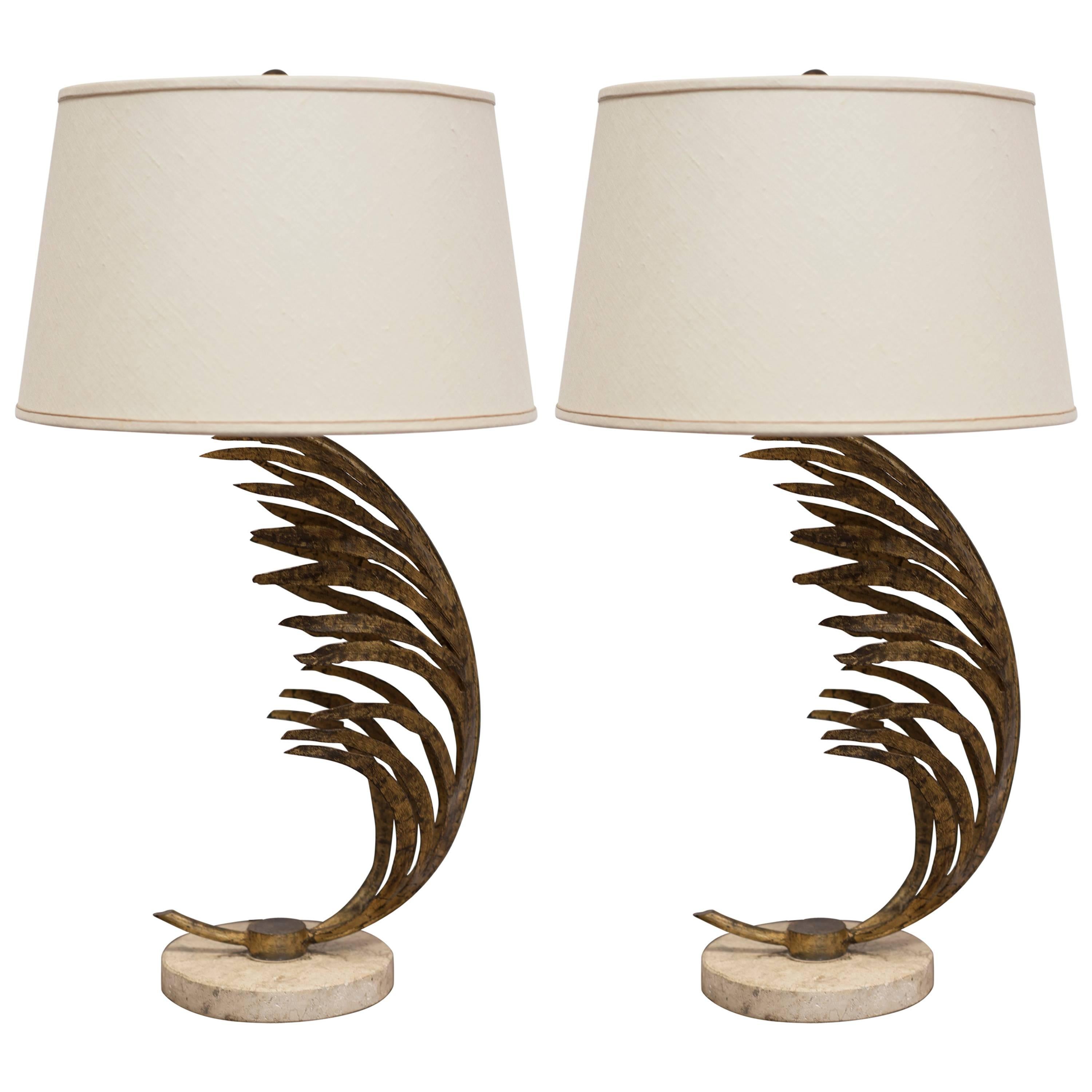 AMERICAN DESIGN - Gilt & Brass Palm Frond Table Lamps