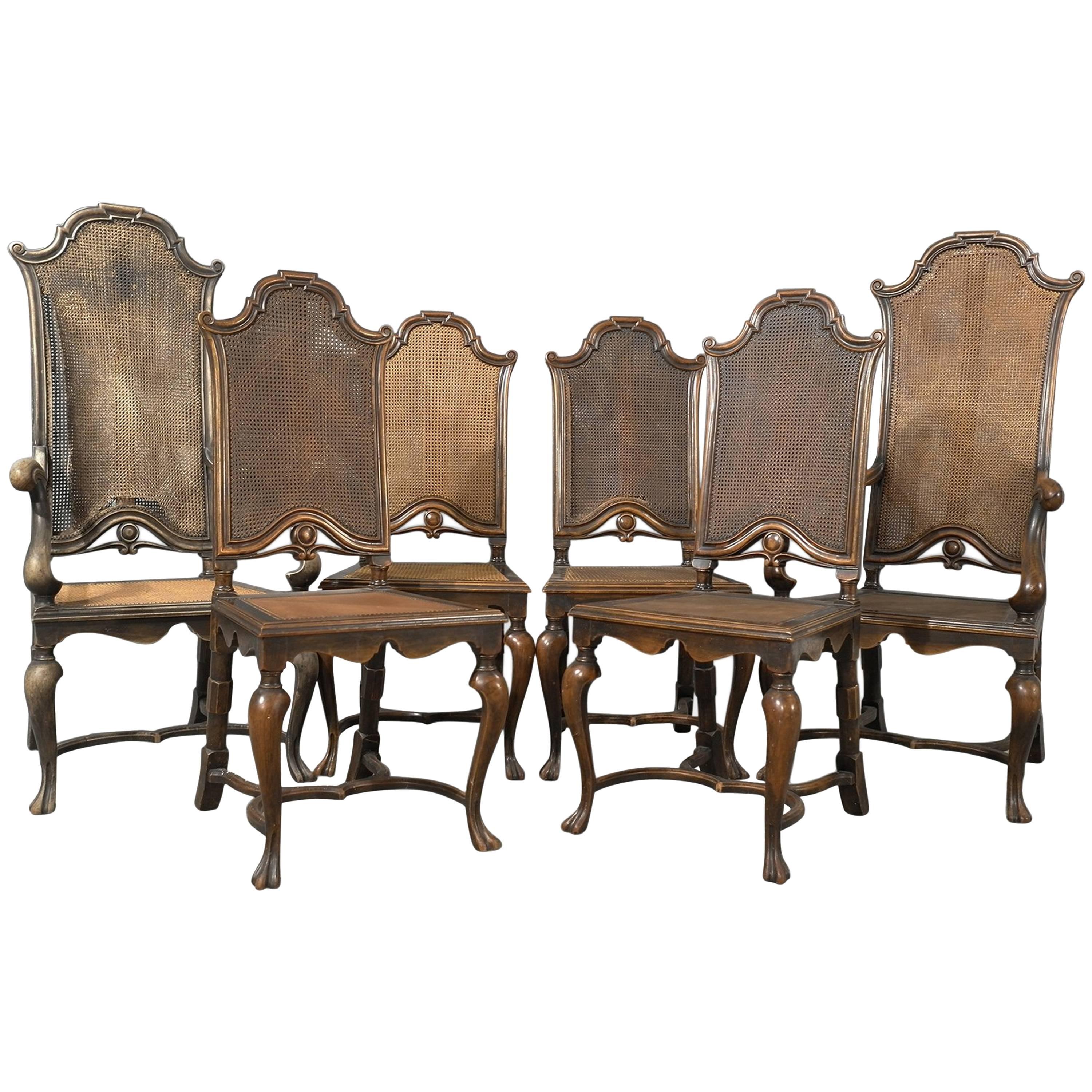Set of Six, Antique Dining Chairs, Liberty of London, Walnut, Cane, Circa 1880