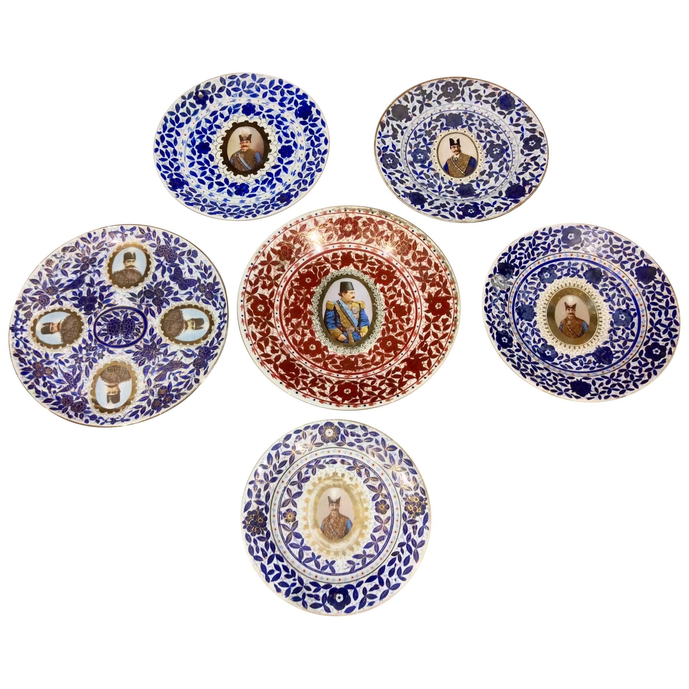 Set of Six Late 19th Century Ceramic Qajar Plates Featuring Eastern Potentates For Sale