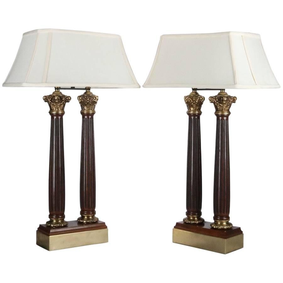 Pair of Classical Double Light Mahogany and Bronze Column Table Lamps