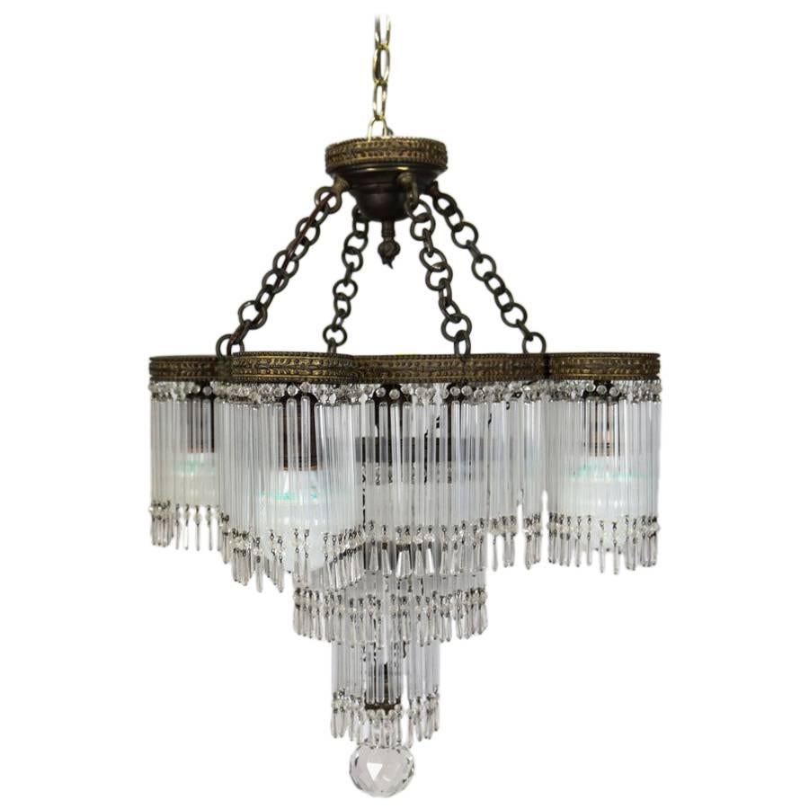 Antique Art Deco Tiered Crystal and Bronze Five-Light Chandelier, circa 1920
