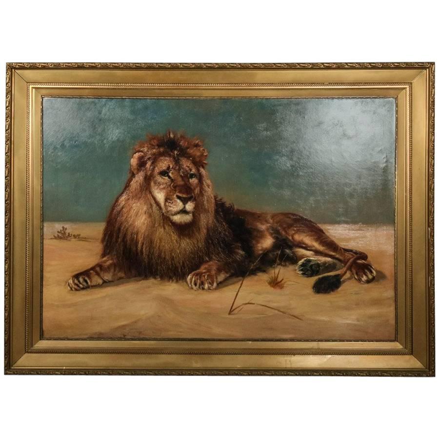 Monumental Oil on Canvas Painting of Recumbent Lion, Giltwood Framed