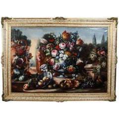 Monumental Fruit and Floral Still Life Oil on Canvas Painting, Signed 1934