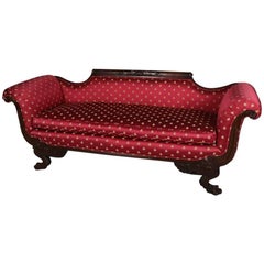 Antique American Empire Carved Mahogany Scroll Arm Sofa, 19th Century