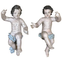 Pair of 18th Century Italian Hand Painted Carved Wood Putti Figures