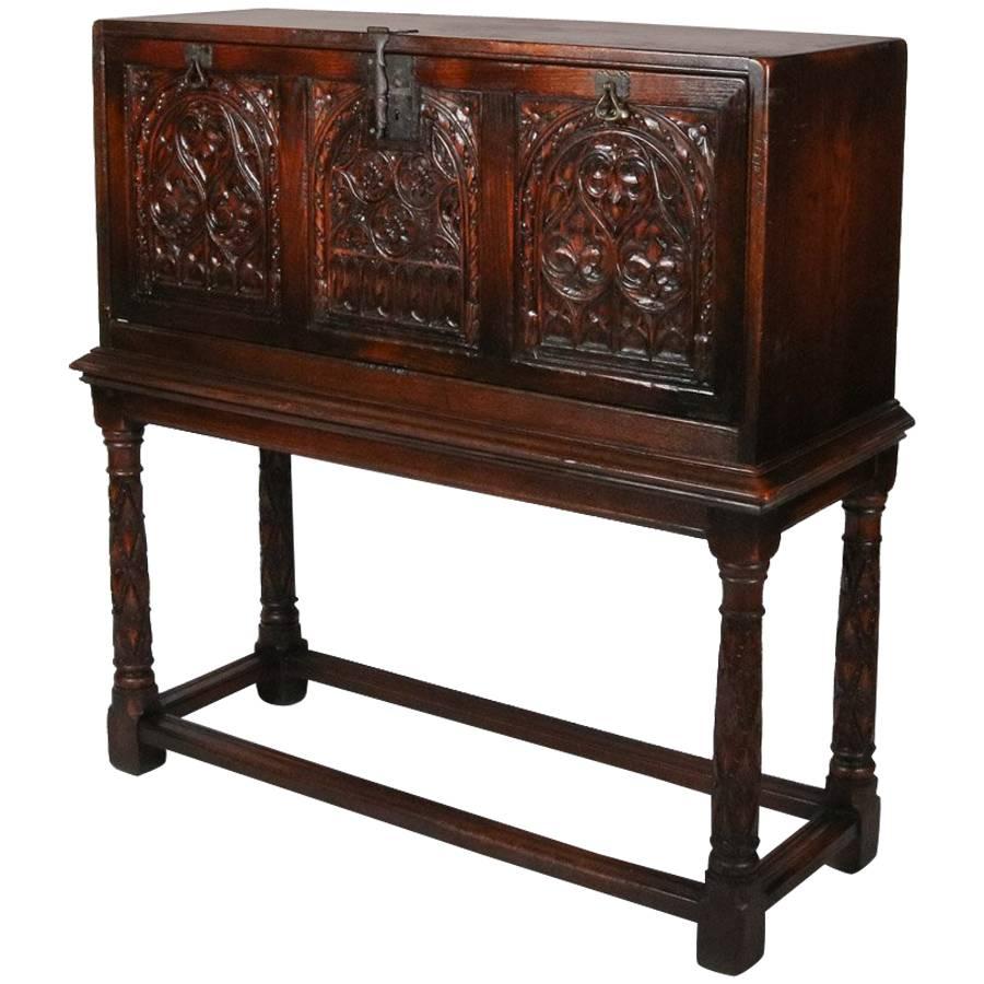 Antique Spanish Vargueno Carved Oak Drop Front Desk, 19th Century