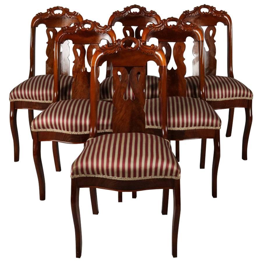 Set of six Antique French Flame Mahogany Gondola Upholstered Side Chairs