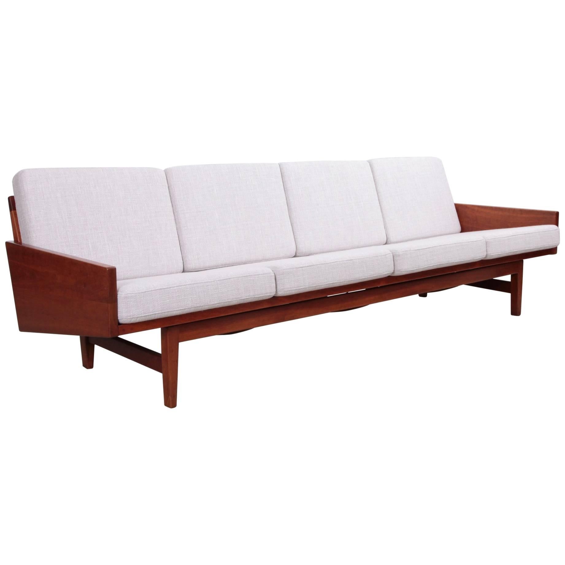 Rare Solid Walnut Arden Riddle White Four-Seat Sofa, USA, 1967 For Sale