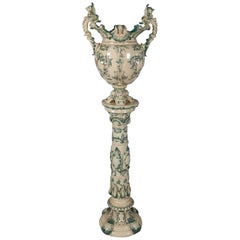 Oversized Antique Victorian Urn Form Austrian Majolica Jardinière and Pedestal