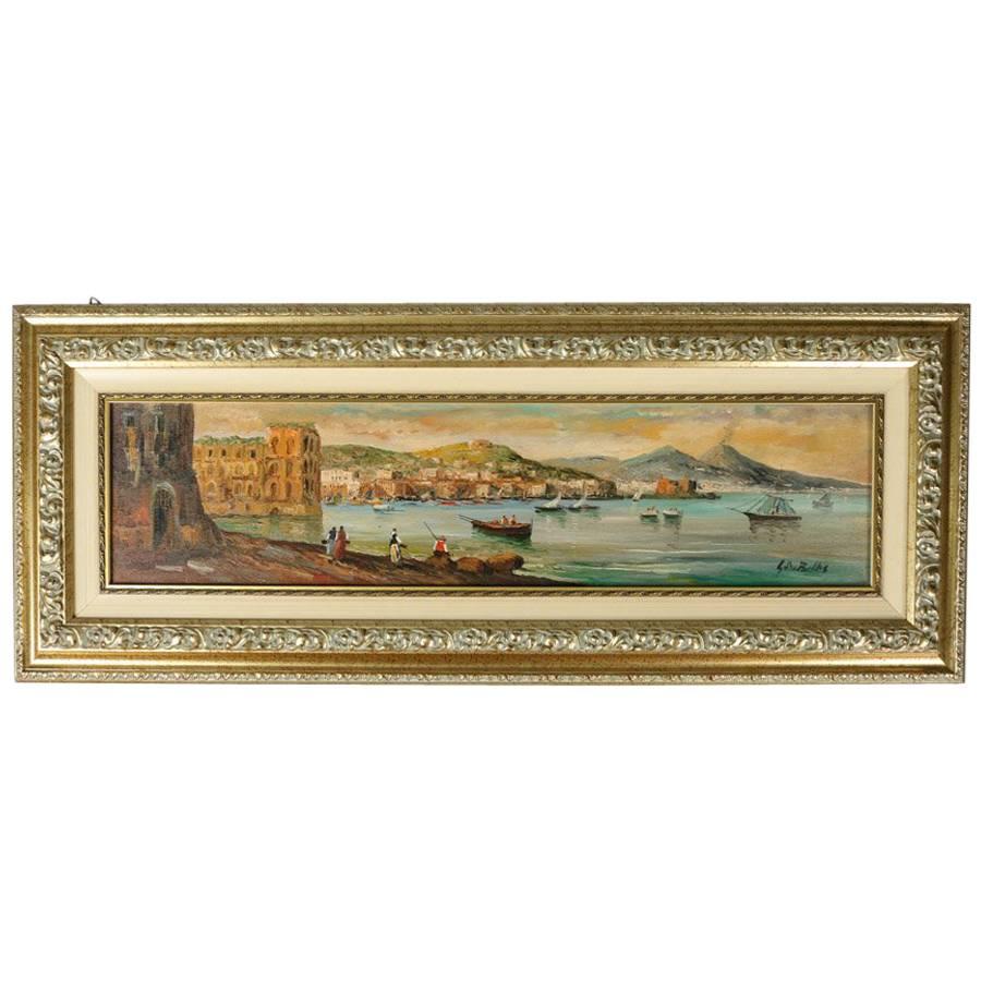 Italian Oil on Canvas Painting of Harbor Scene in Gulf of Naples, Signed Bellos