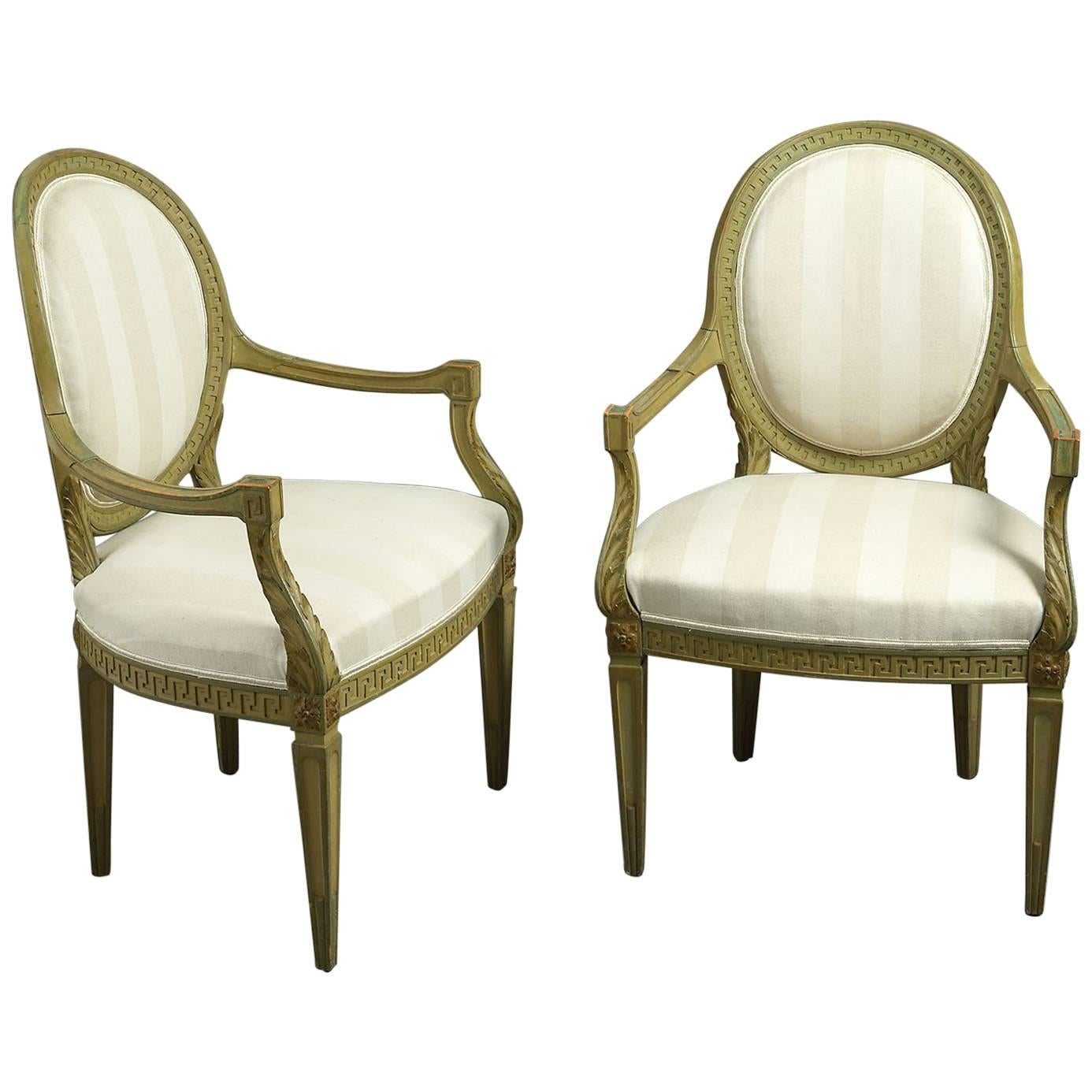 Pair of Green Painted Open Armchairs For Sale