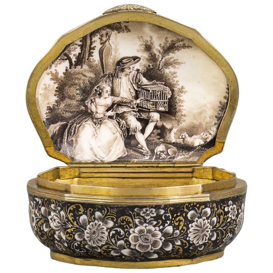 Rare Meissen Black-Ground Snuff-Box with a Painting after Nicolas Lancret