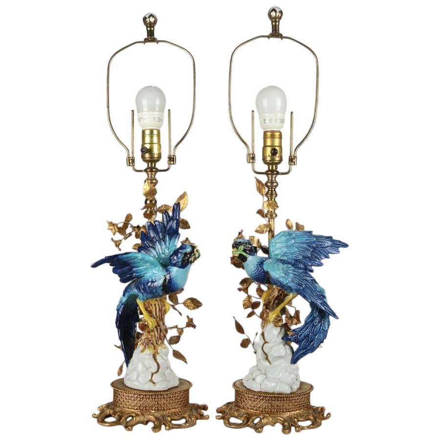 Pair of Sevres Figural Hand-Painted and Gilt Porcelain and Bronze Table Lamps