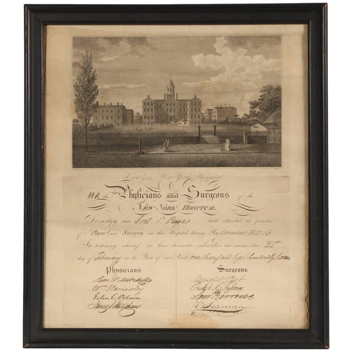 Early 19th Century Medical Document from New York Hospital with Engraving