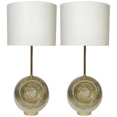 Pair of White Enameled Metal and Hammered Brass Table Lamps