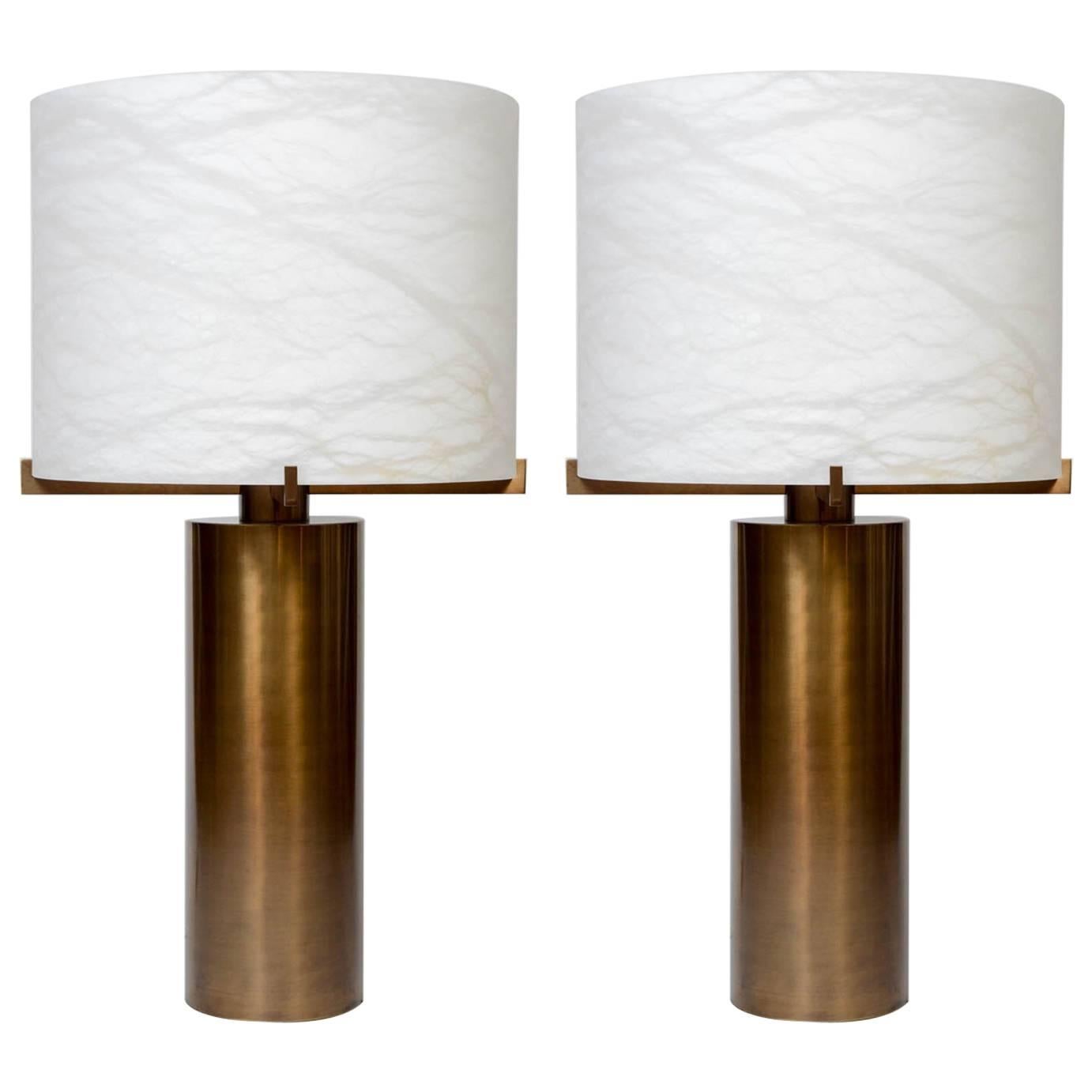 Glustin Luminaires Creation Brass and Alabaster Shades Table Lamp For Sale