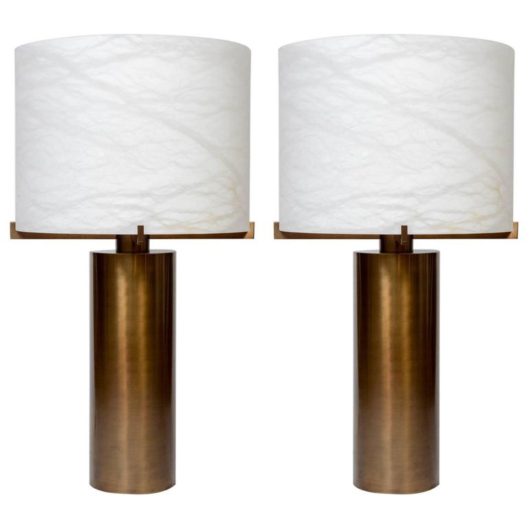 Glustin Luminaires Creation Brass and Alabaster Shades Table Lamp For Sale
