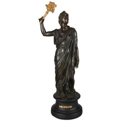 Antique Classical Bronze and Gilt Figural Statue of Woman with Floral Torchiere