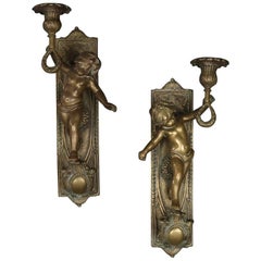 Pair of Large French Antique Figural Bronze Cherub Wall Sconces, 19th Century