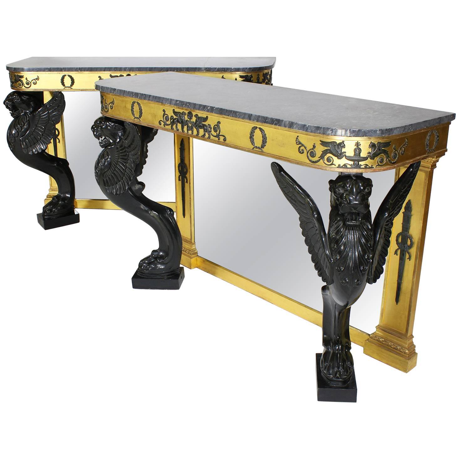 Pair of French 19th Century Empire Style Giltwood & Gesso Carved Console Tables For Sale