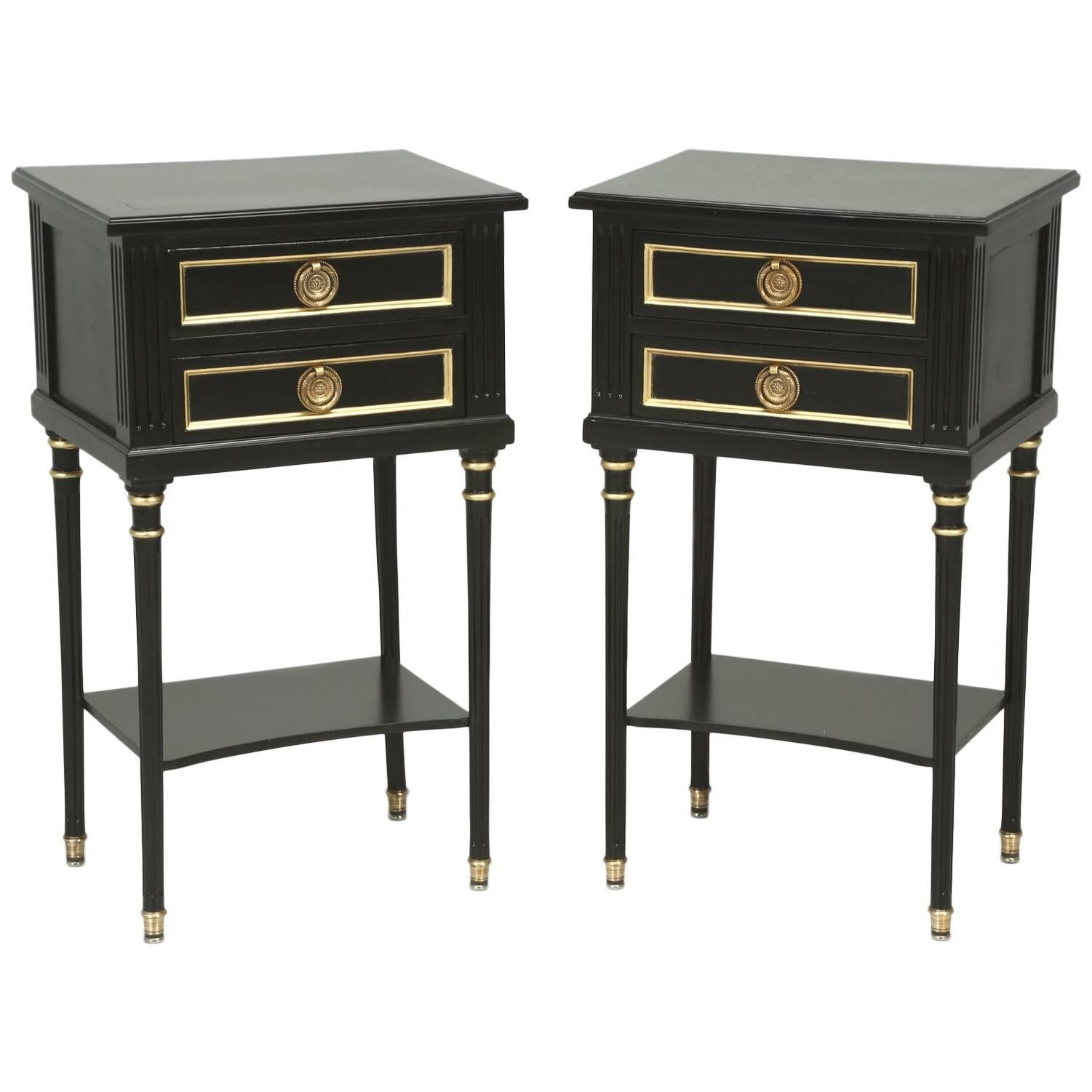 French Pair of Louis XVI Style Ebonized Nightstands or End Tables