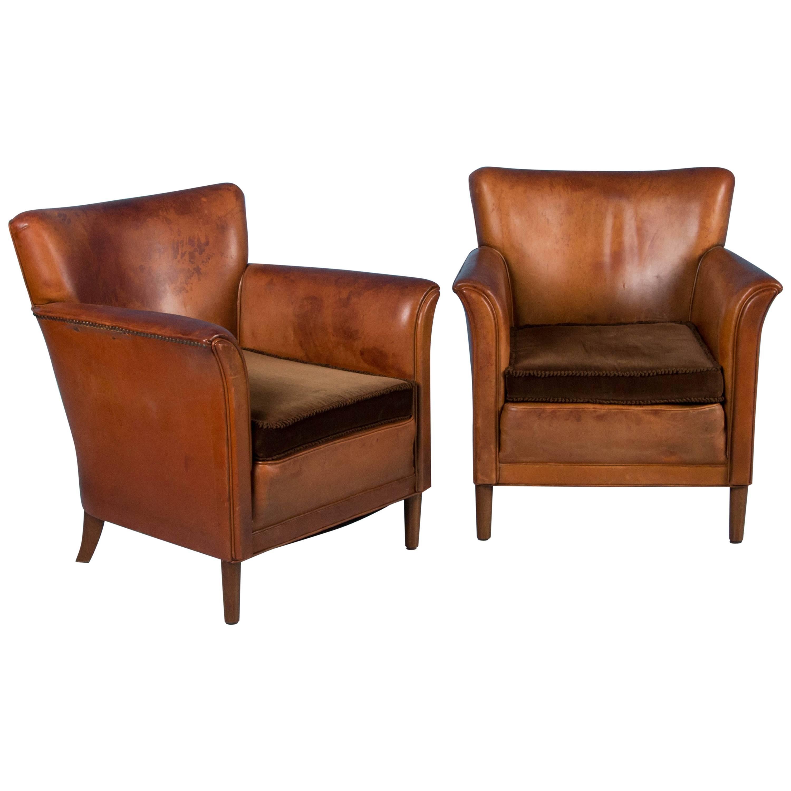 Pair of Vintage Danish Leather Club Chairs with Cushion Seats